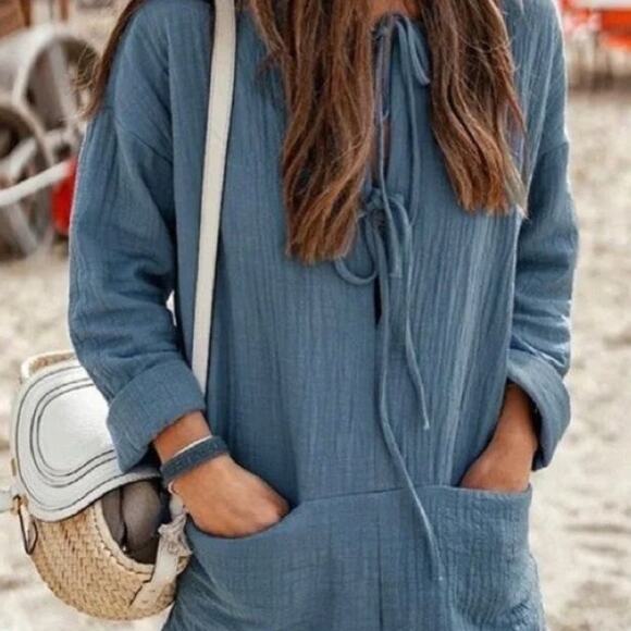 Zara Pants - NEW Zara Blue Textured Cotton Double Tie Front Cut Out Long Sleeve Romper Small